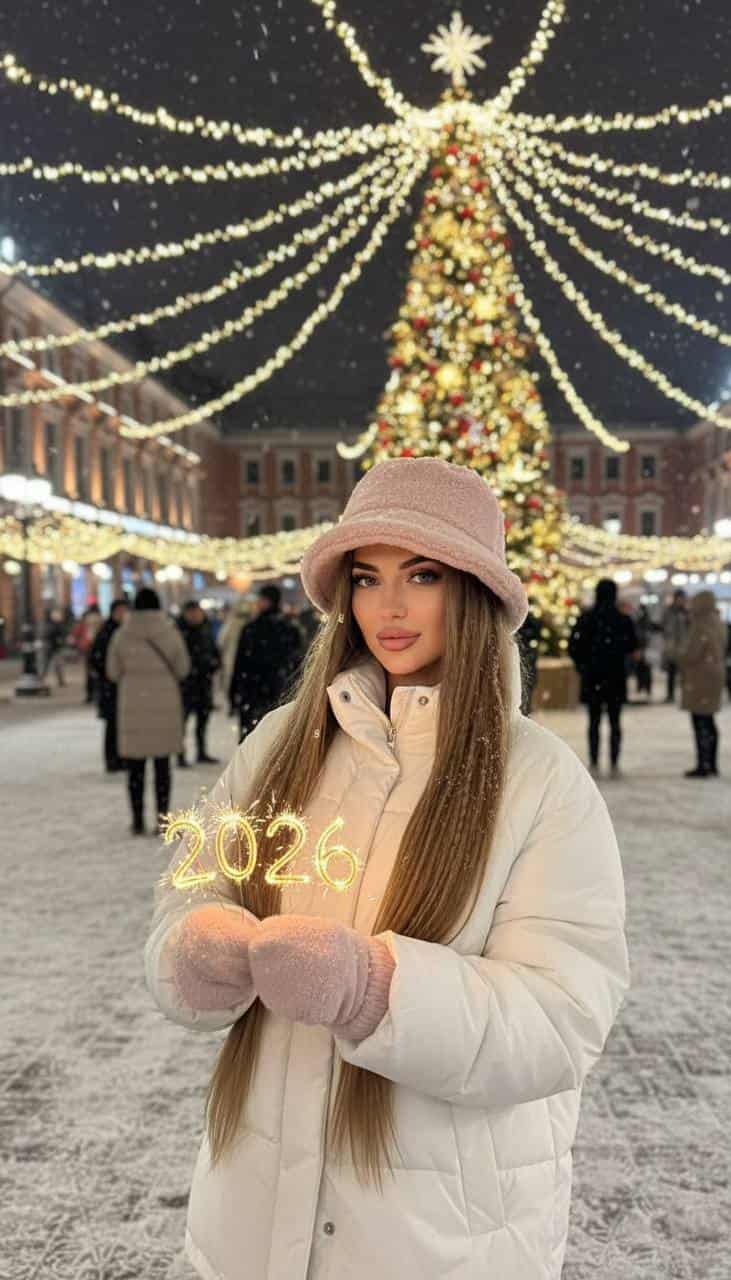 Девушка в белой зимней куртке с розовой панамкой на украшенной снежной площади с бенгальским огнём 2026