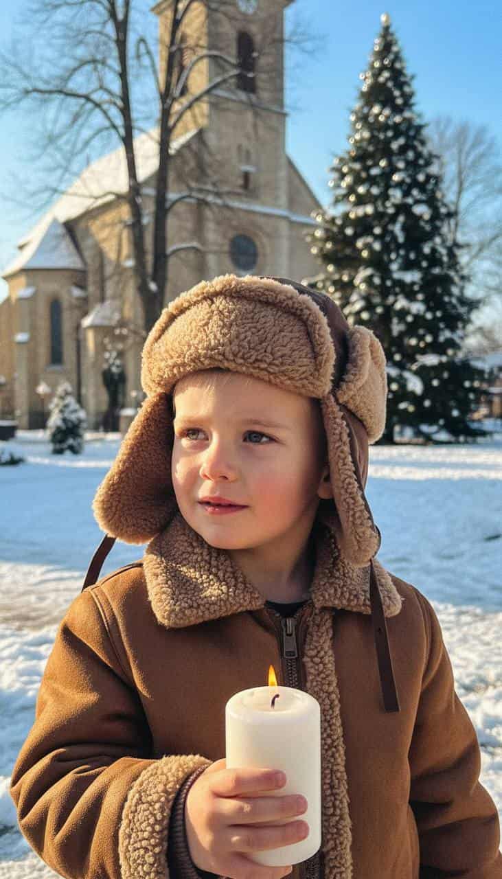 Мальчик в коричневой шапке у церкви зимой с рождественской свечой и елкой