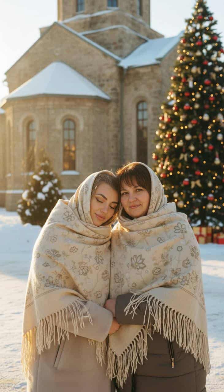 Мама и взрослая дочь у церкви зимой на Рождество рядом с новогодней елкой