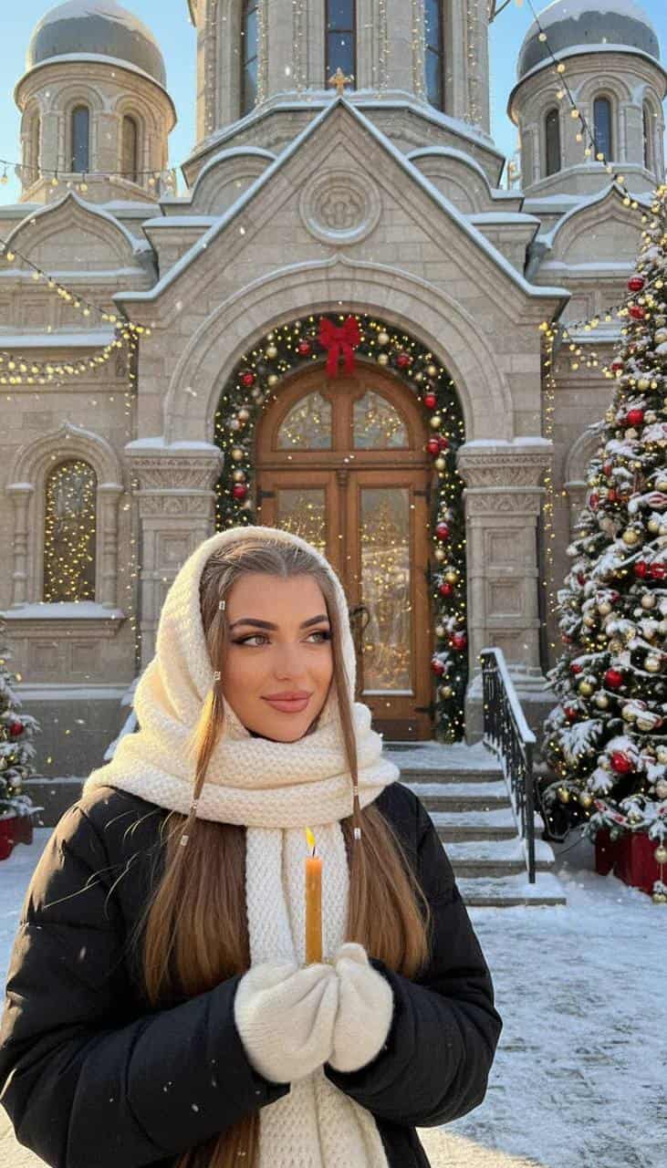 Девушка в белом зимнем платке с свечкой у церкви рядом с новогодней елкой зимой на Рождество