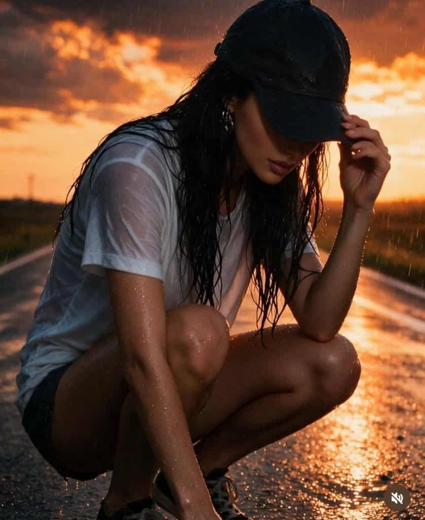 Visual Hook: Dramatic silhouette of a person crouching in the rain at sunset on an open...