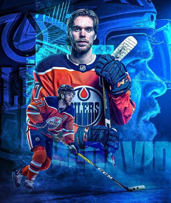 Visual Hook: A dynamic, multi-layered composite featuring a hockey player in two distin...