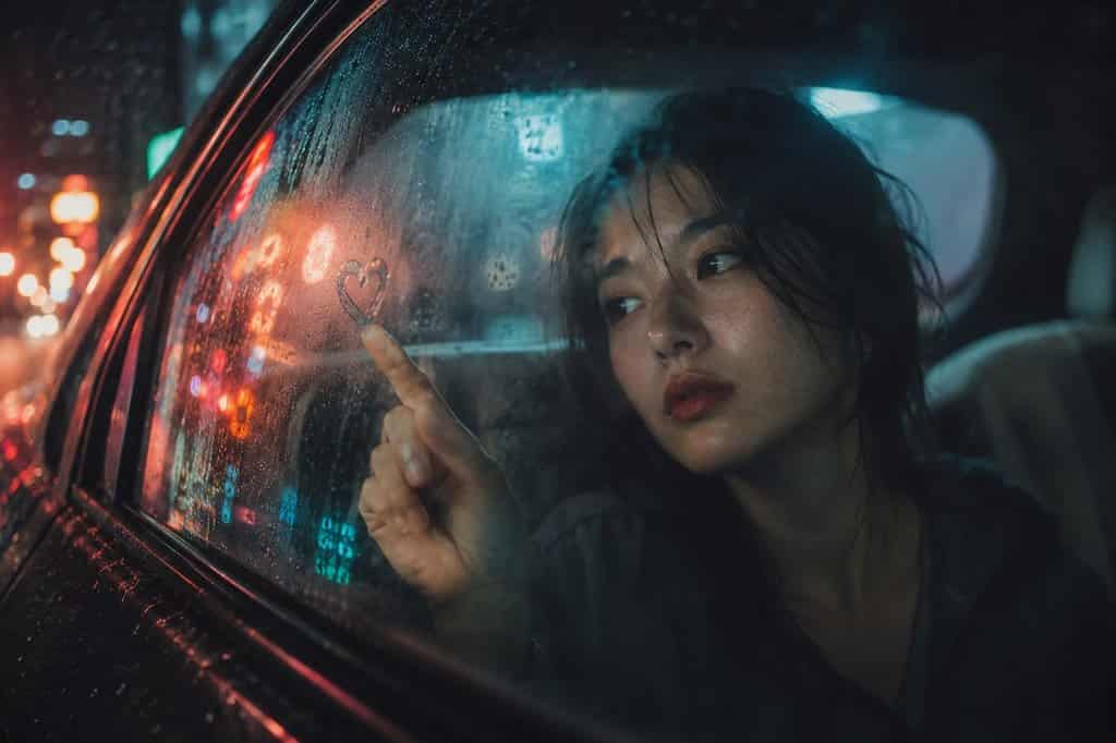 Visual Hook: A melancholic, intimate moment of a person drawing a heart on a rain-strea...