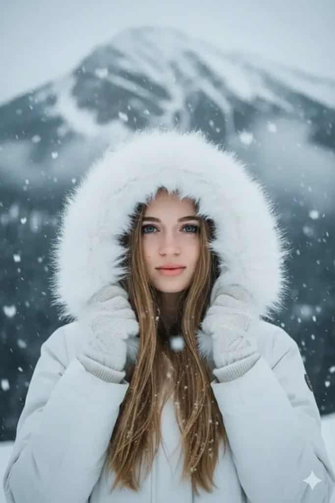 Visual Hook: A striking portrait of a person in a white fur-lined parka amidst a snowy...