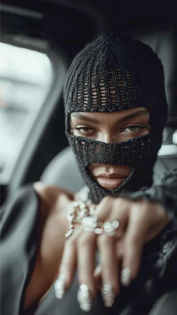Visual Hook: The striking contrast of a dark, textured balaclava revealing intense eyes...
