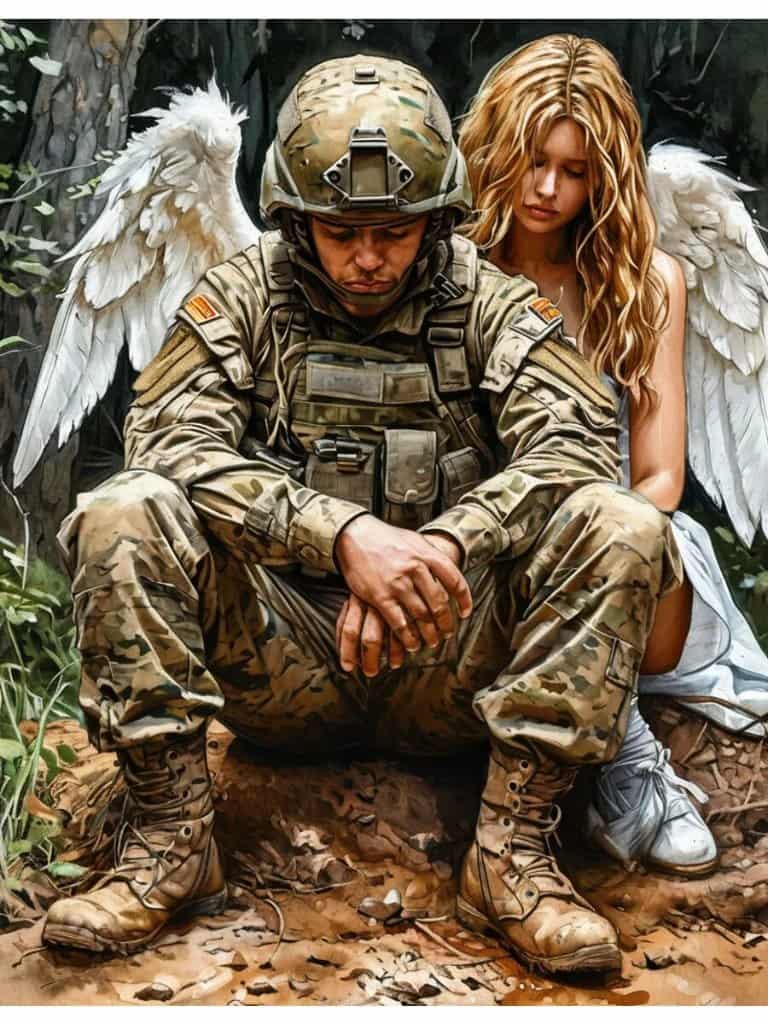 Visual Hook: A soldier in full camouflage sits solemnly, comforted by a blonde figure w...