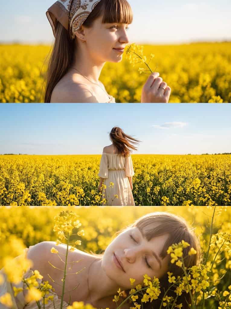 Visual Hook: A triptych of a subject immersed in a vibrant yellow rapeseed field, captu...