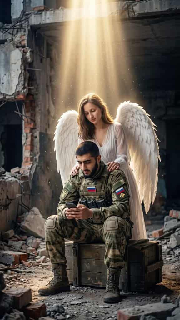 Visual Hook: A poignant scene of solace and divine intervention amidst the devastation...