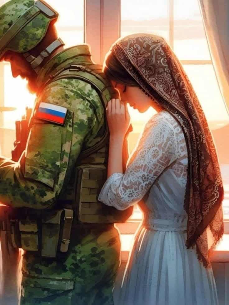 Visual Hook: A tender embrace between two figures, one in military gear and the other i...