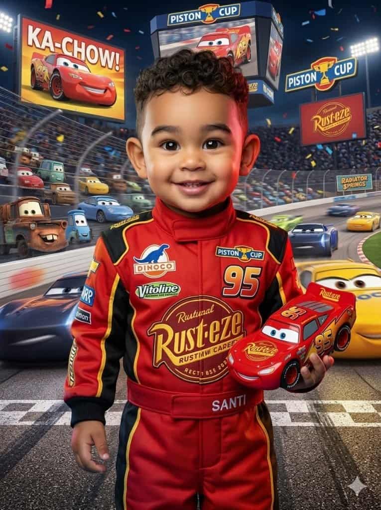 Visual Hook: A joyful child in a race suit holds a toy car, set against a vibrant anima...