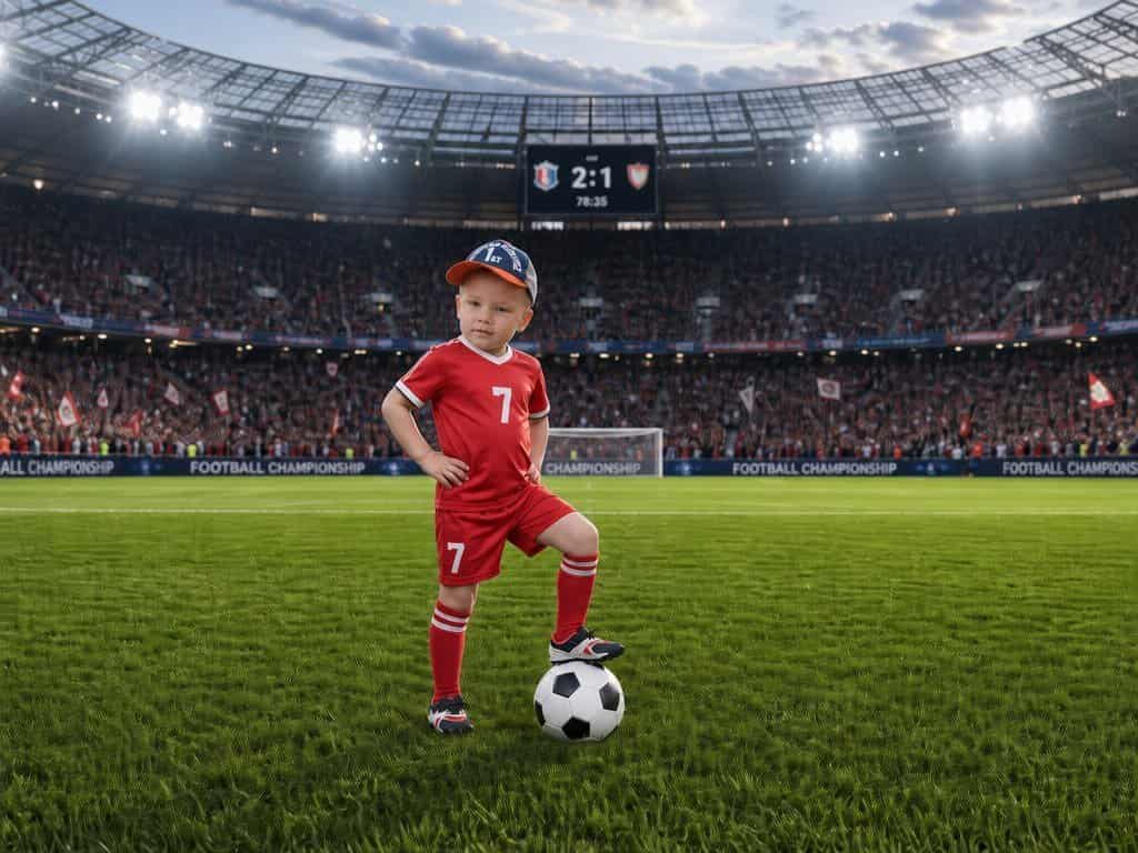 Visual Hook: A young child in a soccer uniform stands confidently on a vibrant green pi...