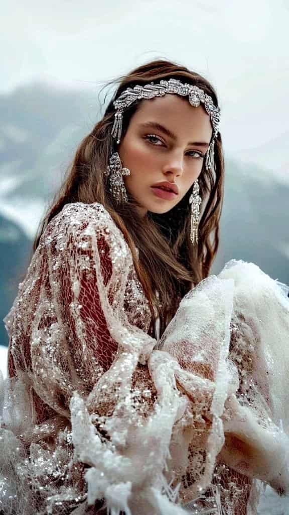 Visual Hook: Ethereal, sparkling figure in a frosty landscape. Scene: Субъект находится...