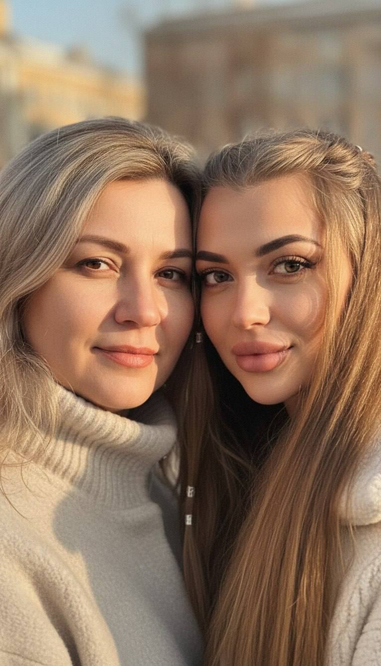 Мама и взрослая дочь в теплом свете, близко лицом друг к другу с половинками лиц на макро фото