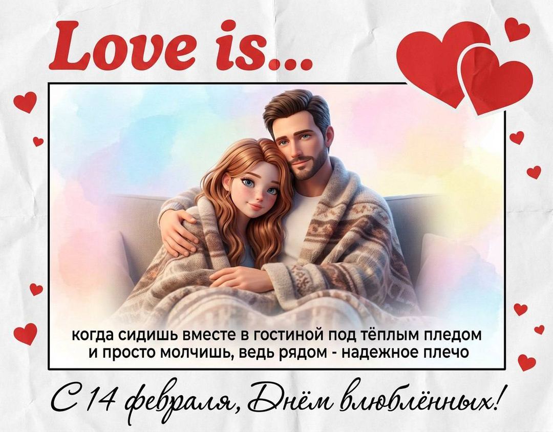Винтажная открытка Love is с парой в мультяшном 3D стиле на фоне пастельной акварели