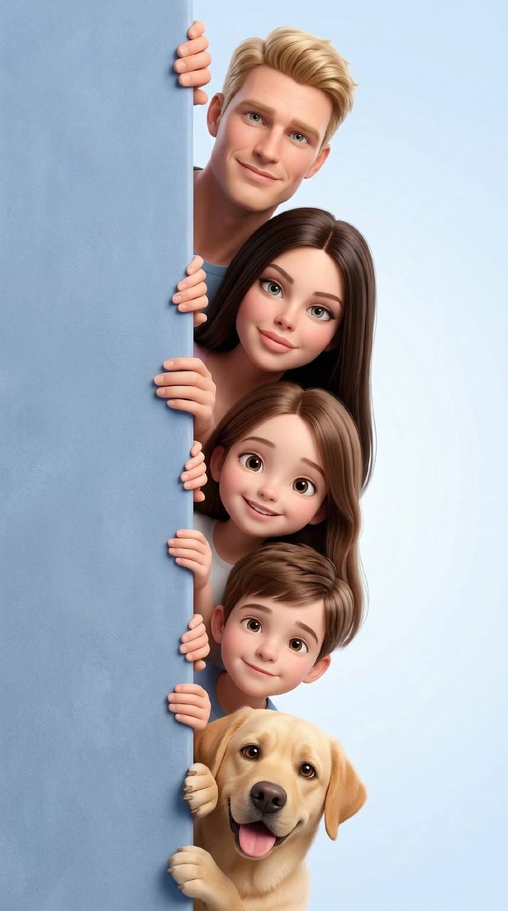 Персонажи из фото в 3D Pixar стиле выглядывают из-за пастельно-голубой бархатистой стены в вертикальной линии