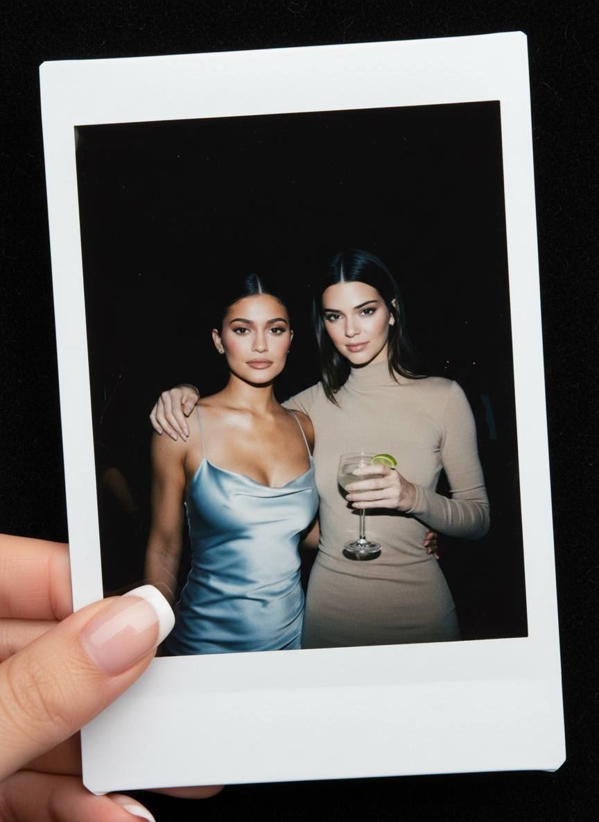 Две женщины в атласном и матовом платьях на моментальном снимке Polaroid с коктейлем и французским маникюром
