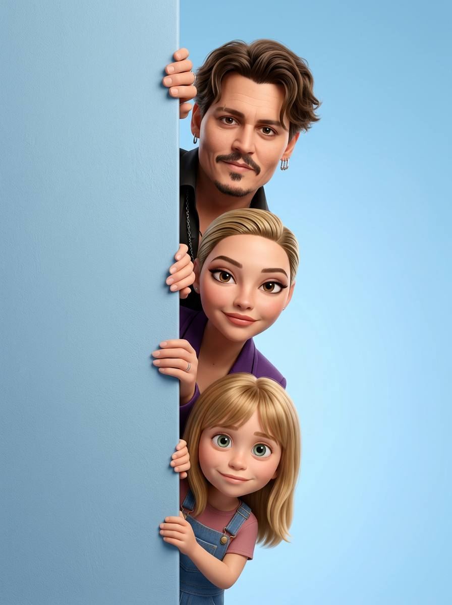 Персонажи из фото в 3D Pixar стиле выглядывают из-за нежно-голубой вертикальной стены в ряд