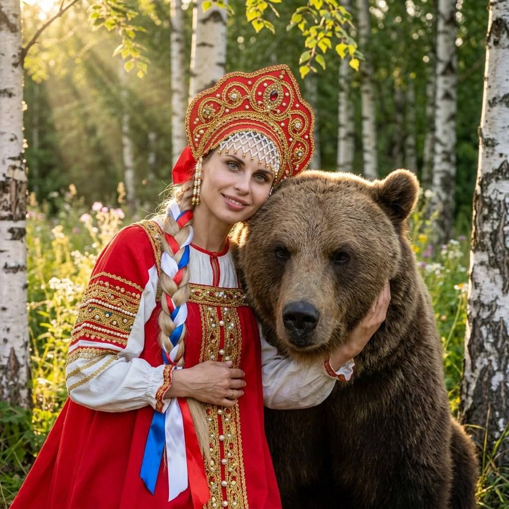 Женщина в сарафане обнимает медведя в роще