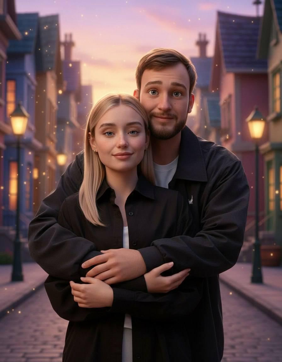 Мужчина и женщина в мультяшном стиле Disney с точными лицевыми чертами на яркой сказочной улице вечером