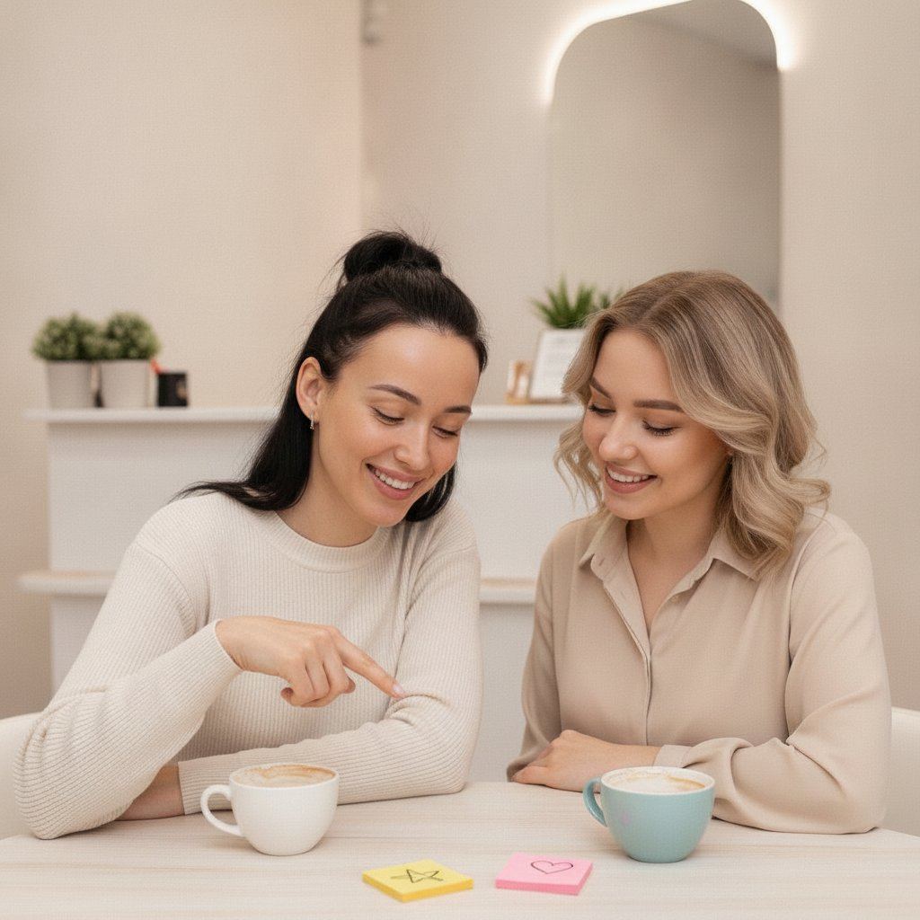 Реалистичное фото в стиле lifestyle‑съёмки для бьюти‑салона. Две молодые девушки (25–30...